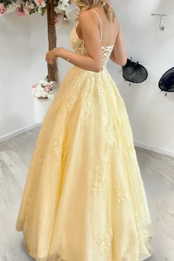Yellow A Line Princess Corset Prom Dress with Appliques