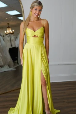 Yellow A Line Spaghetti Straps Satin Long Prom Dress with Slit