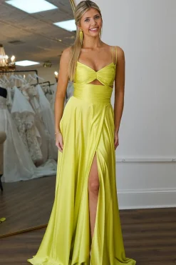 Yellow A Line Spaghetti Straps Satin Long Prom Dress with Slit