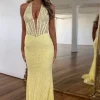 Yellow Corset Mermaid Halter Neck Lace Long Prom Dress