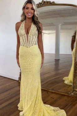 Yellow Corset Mermaid Halter Neck Lace Long Prom Dress