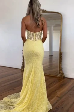 Yellow Corset Mermaid Halter Neck Lace Long Prom Dress