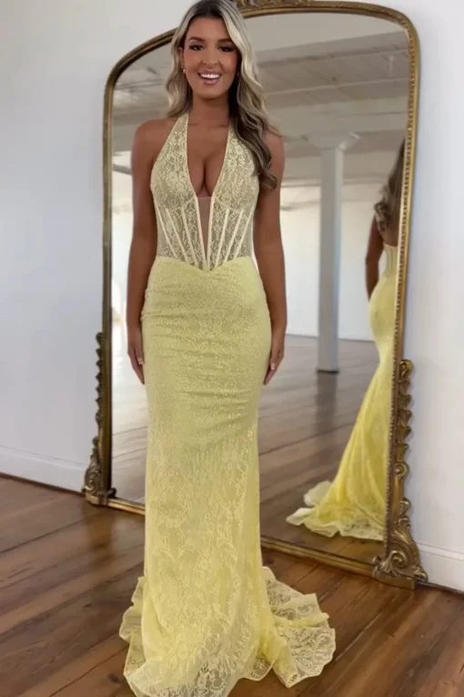 Yellow Corset Mermaid Halter Neck Lace Long Prom Dress