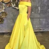 Yellow Satin A Line Princess Prom Dress with Pockets