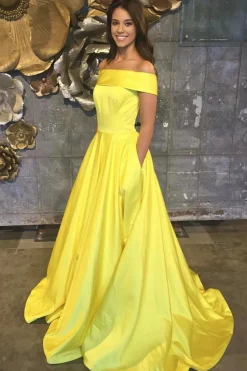 Yellow Satin A Line Princess Prom Dress with Pockets