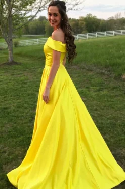 Yellow Satin A Line Princess Prom Dress with Pockets