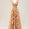 Yellow Small Flower A Line V Neck Pleated Ruffles Wedding Guest Dress