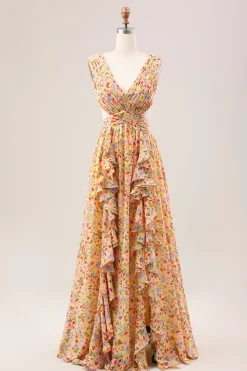 Yellow Small Flower A Line V Neck Pleated Ruffles Wedding Guest Dress