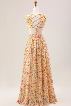 Yellow Small Flower A Line V Neck Pleated Ruffles Wedding Guest Dress