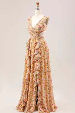 Yellow Small Flower A Line V Neck Pleated Ruffles Wedding Guest Dress