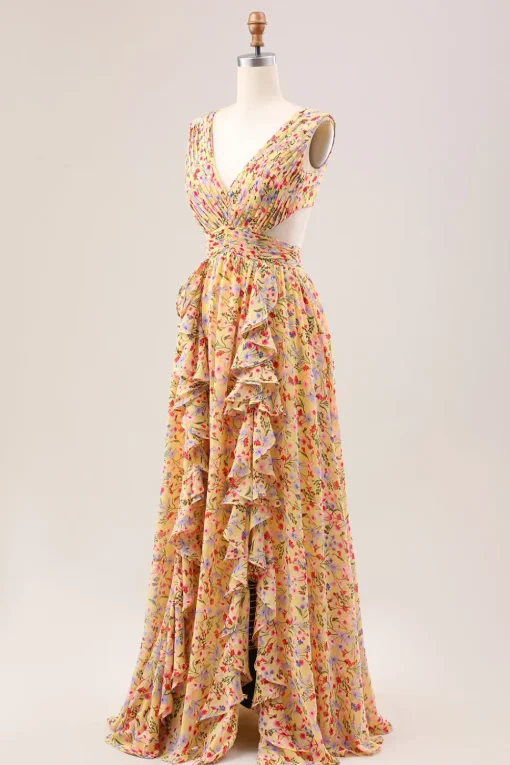 Yellow Small Flower A Line V Neck Pleated Ruffles Wedding Guest Dress