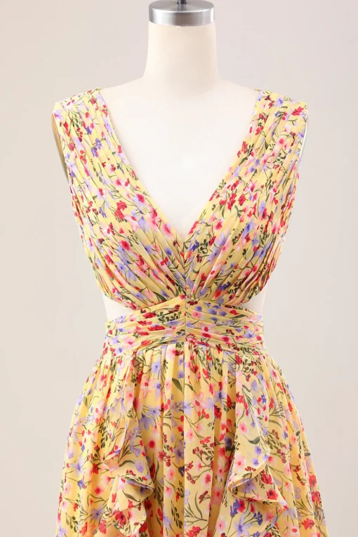 Yellow Small Flower A Line V Neck Pleated Ruffles Wedding Guest Dress
