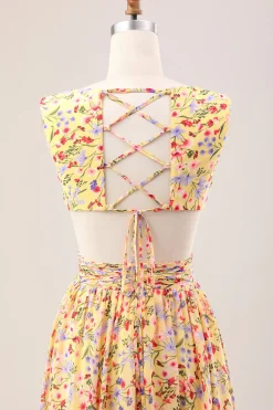 Yellow Small Flower A Line V Neck Pleated Ruffles Wedding Guest Dress