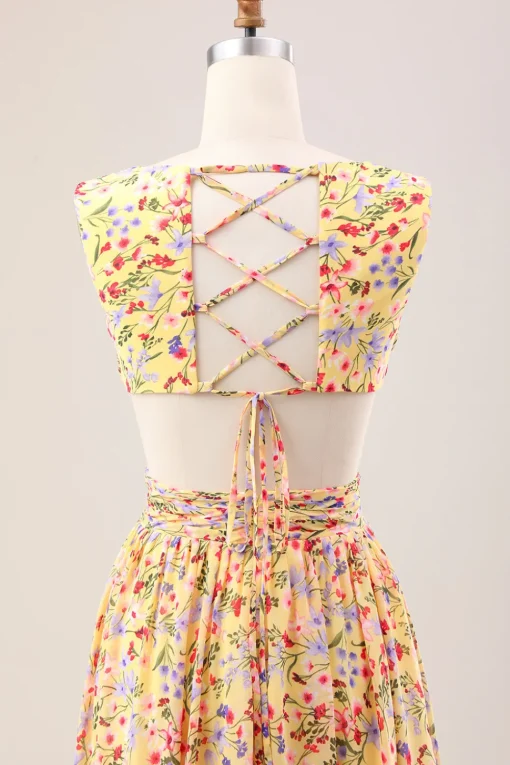 Yellow Small Flower A Line V Neck Pleated Ruffles Wedding Guest Dress