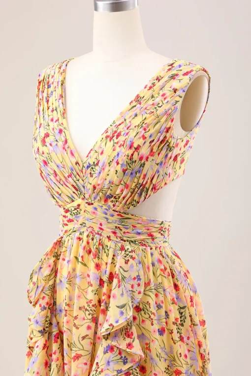 Yellow Small Flower A Line V Neck Pleated Ruffles Wedding Guest Dress