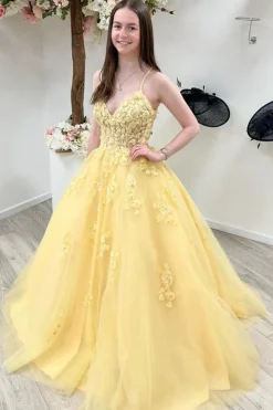 Yellow Spaghetti Straps Prom Gown