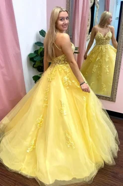 Yellow Spaghetti Straps Prom Gown
