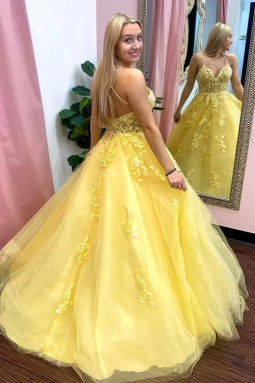Yellow Spaghetti Straps Prom Gown