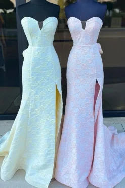 Yellow Sweetheart Corset Floral Mermaid Long Prom Dress with Slit
