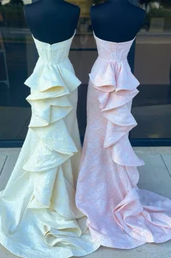 Yellow Sweetheart Corset Floral Mermaid Long Prom Dress with Slit