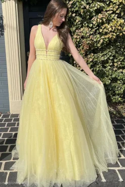Yellow Tulle A Line Sparkly Princess Prom Dress