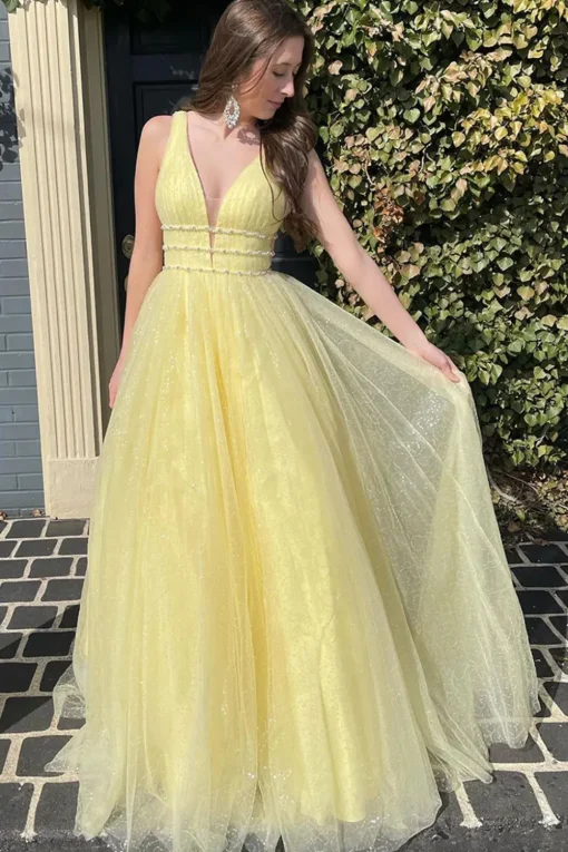 Yellow Tulle A Line Sparkly Princess Prom Dress