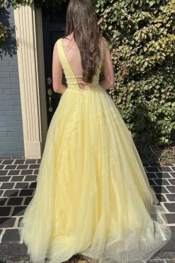 Yellow Tulle A Line Sparkly Princess Prom Dress