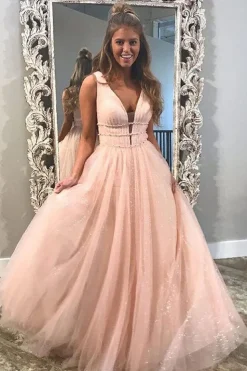 Yellow Tulle A Line Sparkly Princess Prom Dress