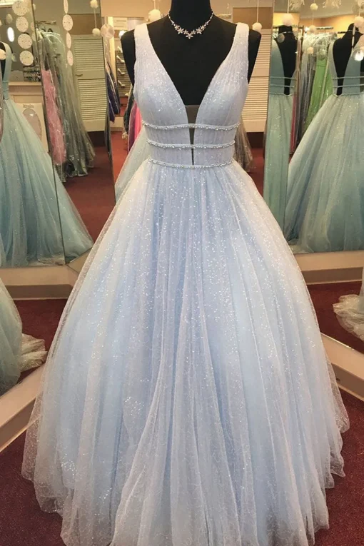 Yellow Tulle A Line Sparkly Princess Prom Dress