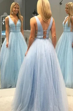 Yellow Tulle A Line Sparkly Princess Prom Dress
