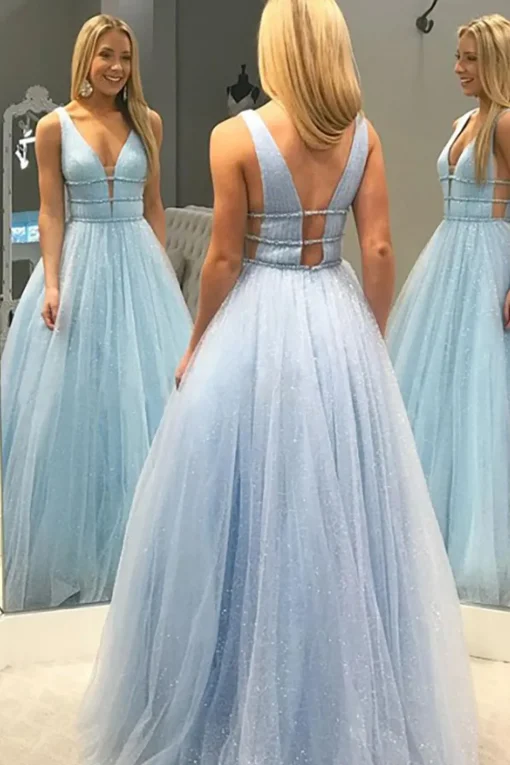 Yellow Tulle A Line Sparkly Princess Prom Dress